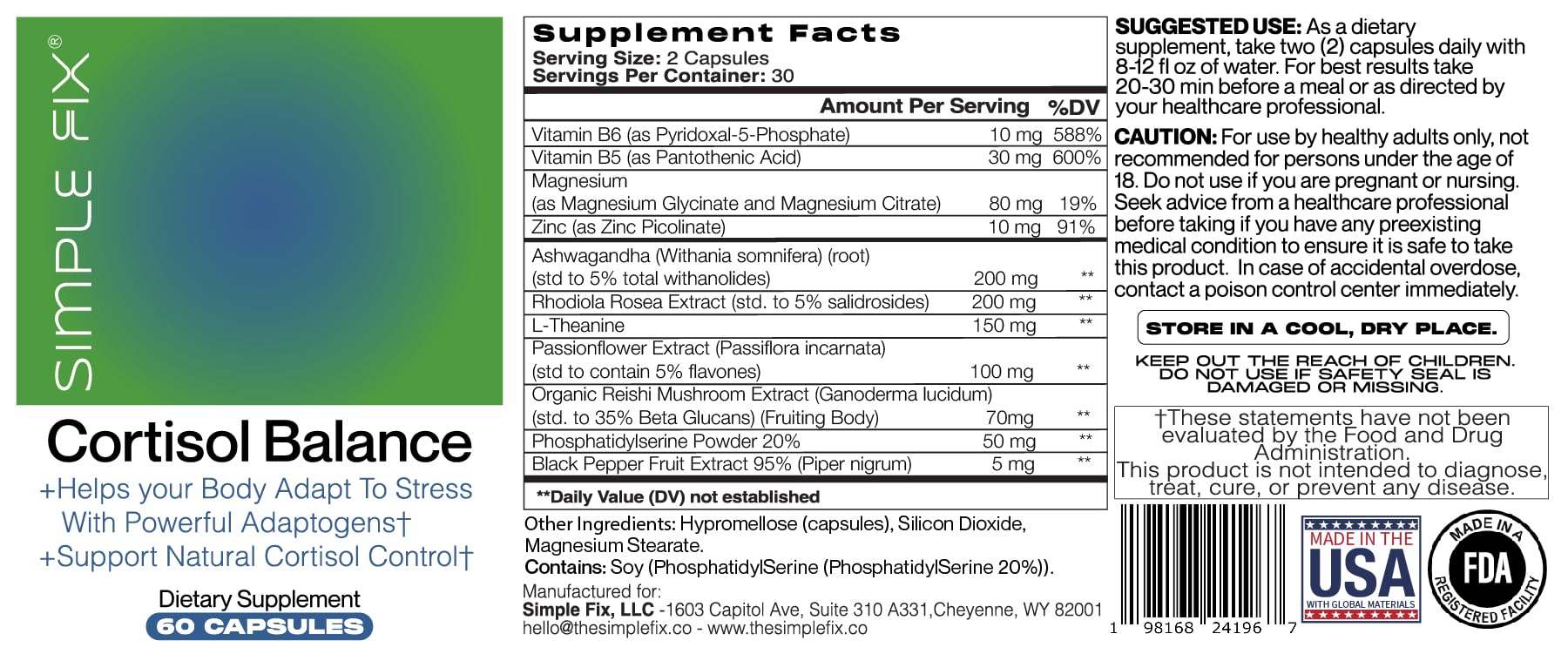 The Simple Fix Cortisol Balance production in USA facility conveying quality manufacturing.