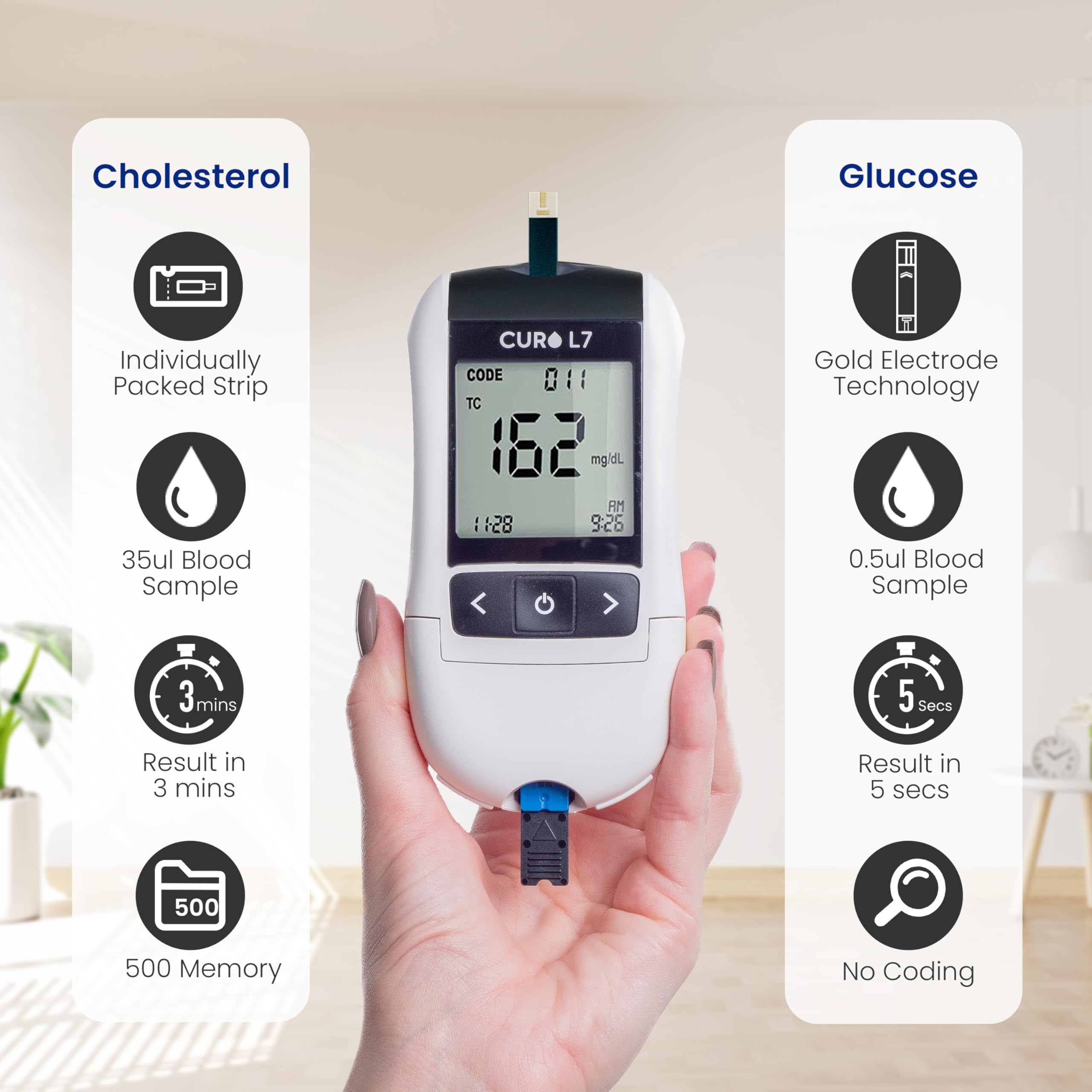 The Sommet CURO L7 lipid-panel display demonstrating professional-like accuracy in a portable meter.