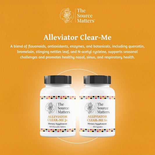 The Source Matters Alleviator Clear-Me JR bottle back label highlights ingredients for immune support.