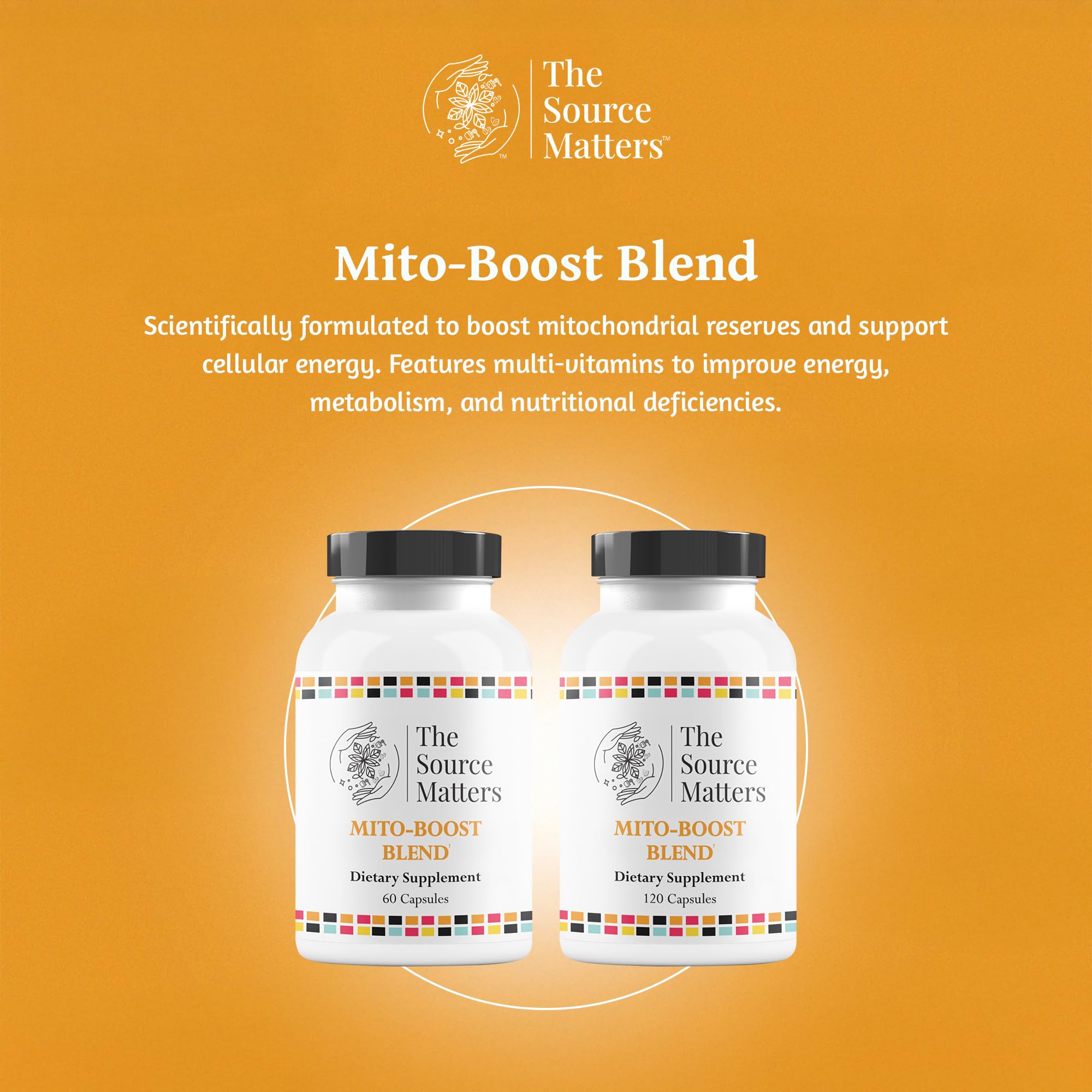 The Source Matters Mito-Boost Blend label highlights antioxidants and detox nutrients.