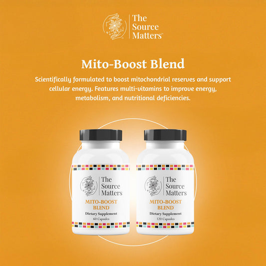 The Source Matters Mito-Boost Blend label highlights antioxidants and detox nutrients.