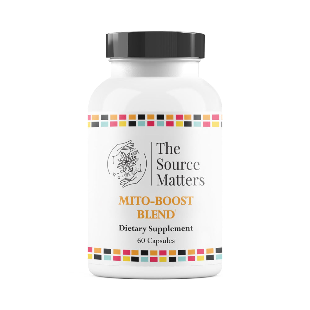 The Source Matters Mito-Boost bottle closeup showing capsules for daily energy support
