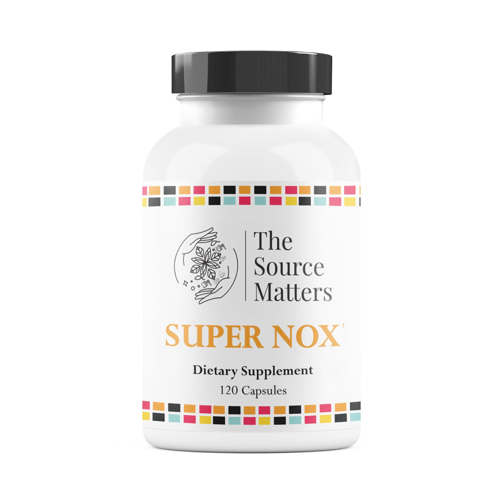 The Source Matters Super NOX bottle front hints at improved circulatory support.