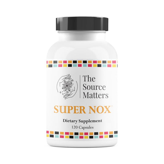 The Source Matters Super NOX bottle front hints at improved circulatory support.