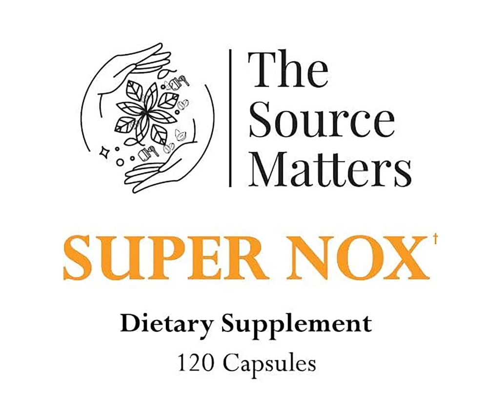 The Source Matters Super NOX packaging communicates a holistic circulatory wellness approach.
