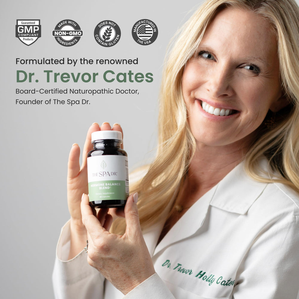The Spa Dr. Hormone Balance bottle with tea signaling calm mornings
