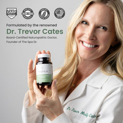 The Spa Dr. Hormone Balance bottle with tea signaling calm mornings