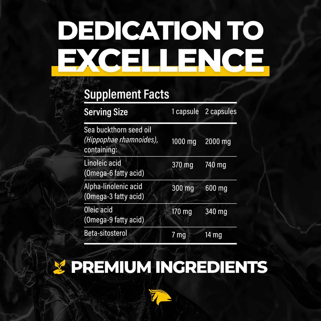 The Stampede Network Immortal Sea Buckthorn capsules ingredients panel highlights omega fatty acids.