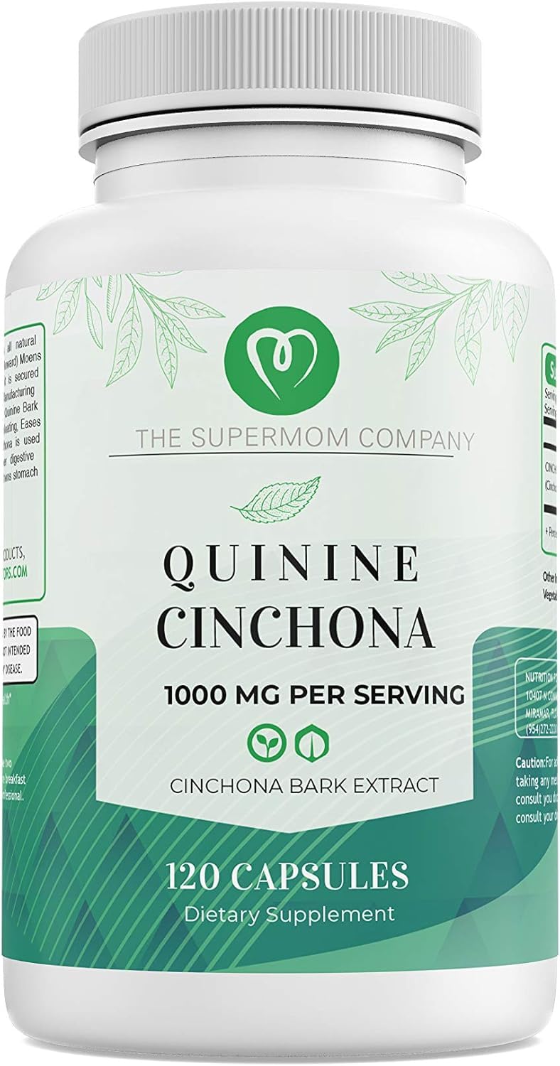 The Supermom Company quinine bottle shows 120 capsules for muscle relief and digestive support.