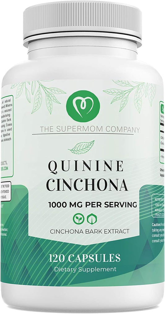The Supermom Company quinine bottle shows 120 capsules for muscle relief and digestive support.