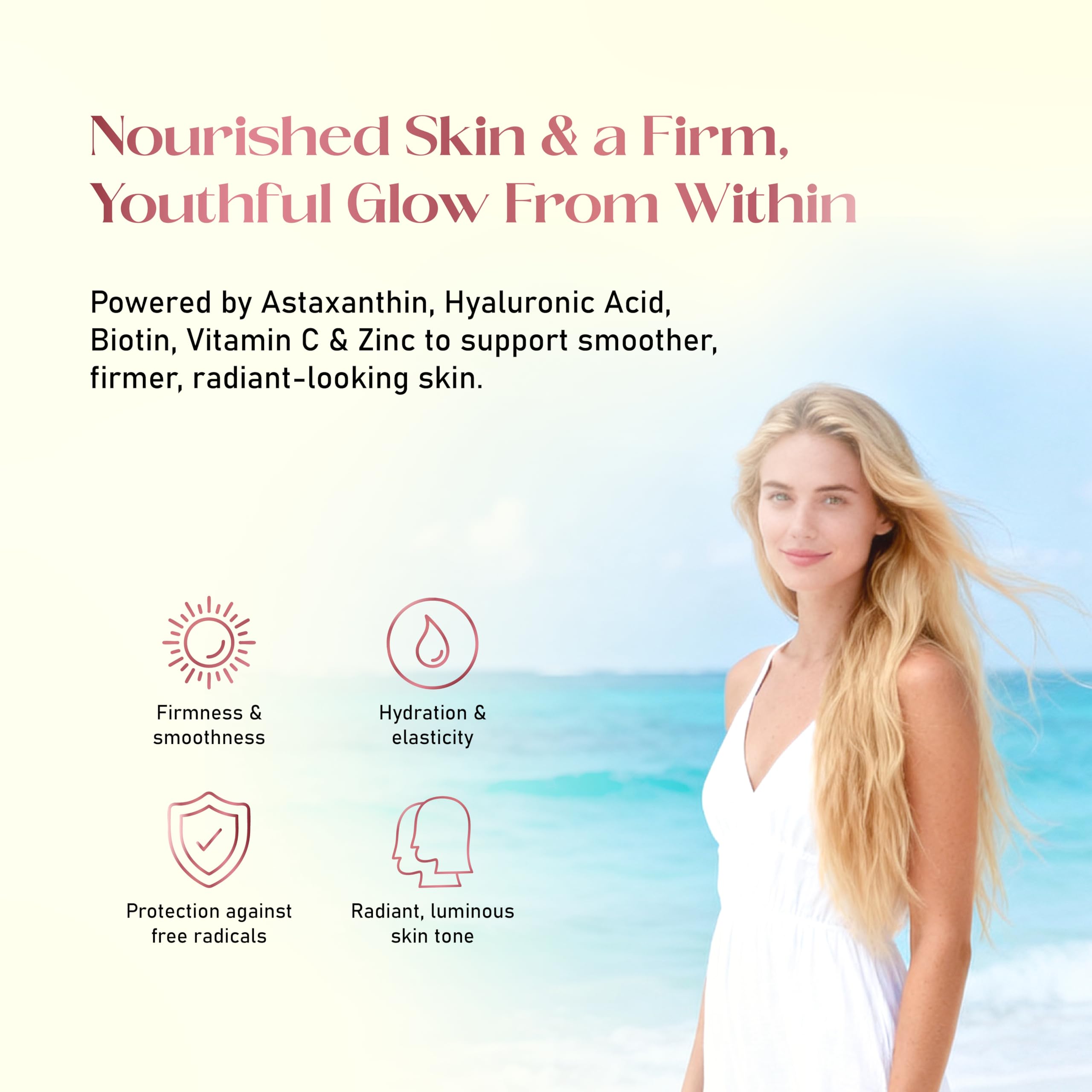 Allergen-free and sugar-free label communicates a clean, trusted beauty-from-within option.