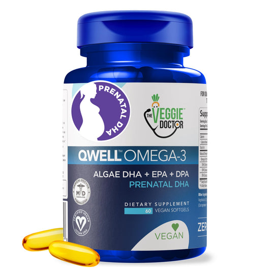 The Veggie Doctor vegan prenatal DHA bottle shows algae-based omega-3 for mom.