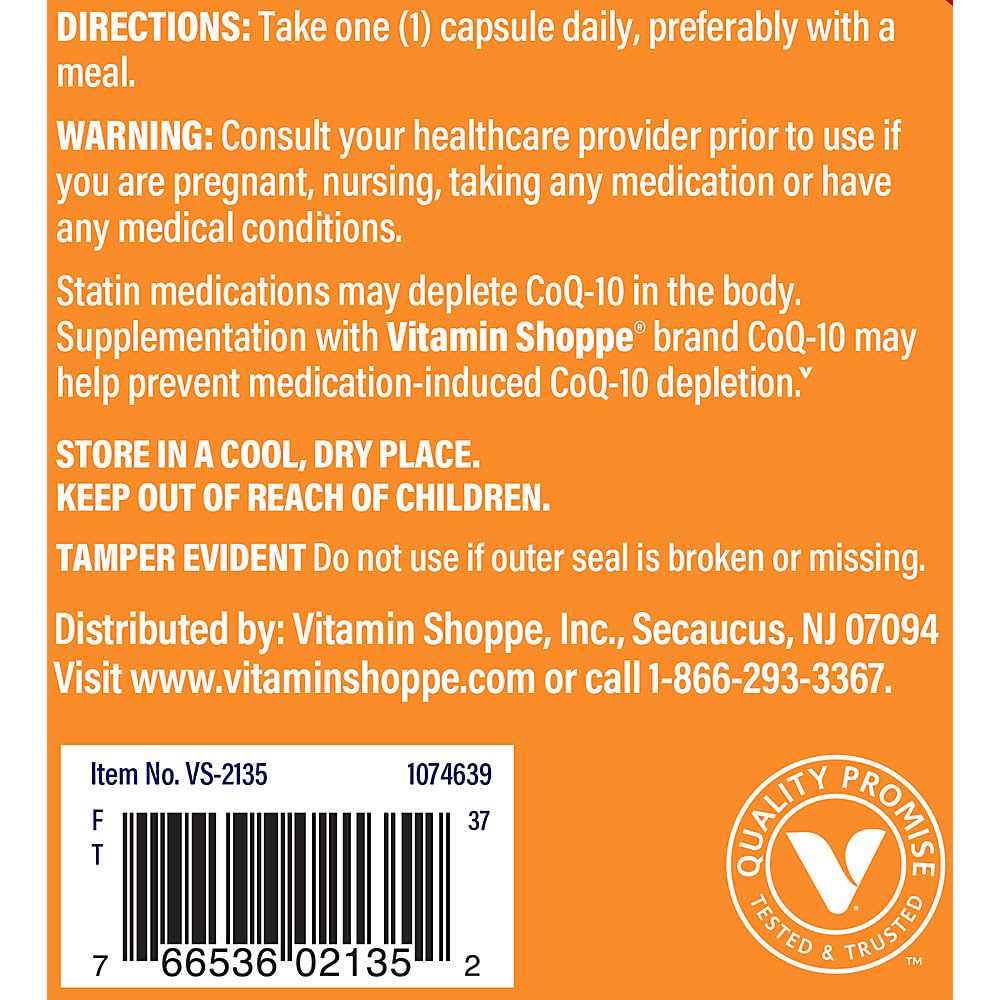 The Vitamin Shoppe CoQ-10 label with supplement facts and ingredients