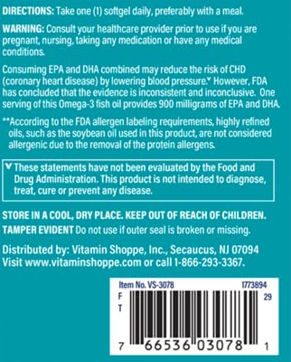 The Vitamin Shoppe Omega-3 bottle label emphasizes purity and rigorous testing.
