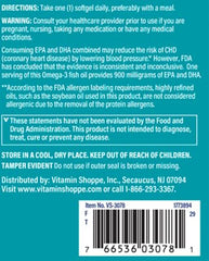 The Vitamin Shoppe Omega-3 bottle label emphasizes purity and rigorous testing.