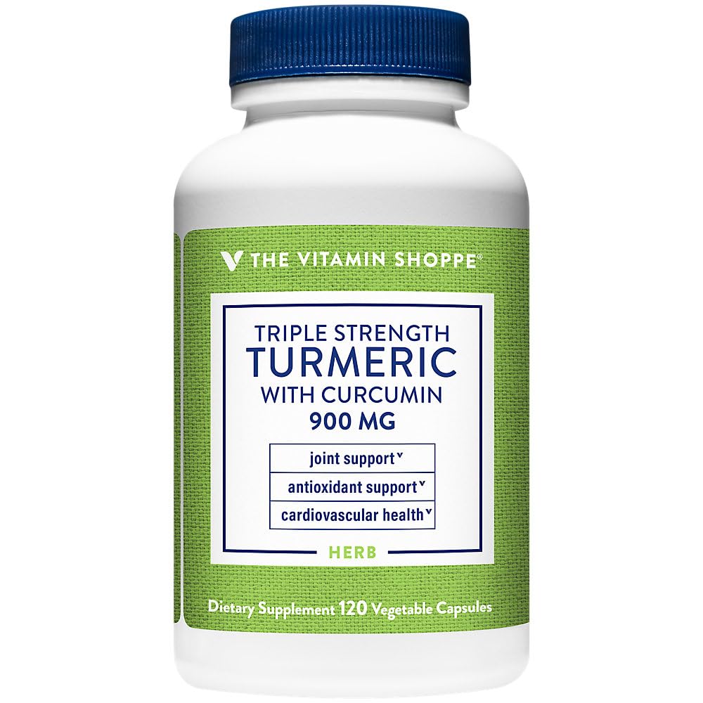 The Vitamin Shoppe triple strength turmeric bottle displaying joint support potential and antioxidant focus