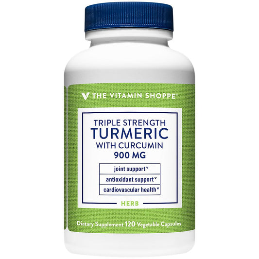 The Vitamin Shoppe triple strength turmeric bottle displaying joint support potential and antioxidant focus