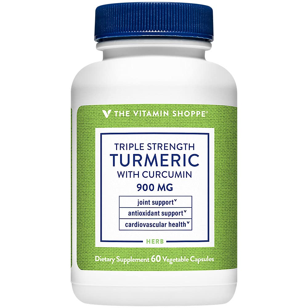 The Vitamin Shoppe Turmeric Curcumin 900mg bottle close-up for daily joint comfort support.
