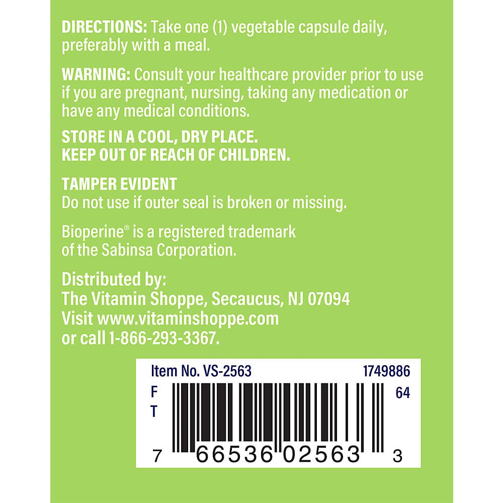 The Vitamin Shoppe turmeric-curcumin 900mg label detail showing potency and quality assurance.