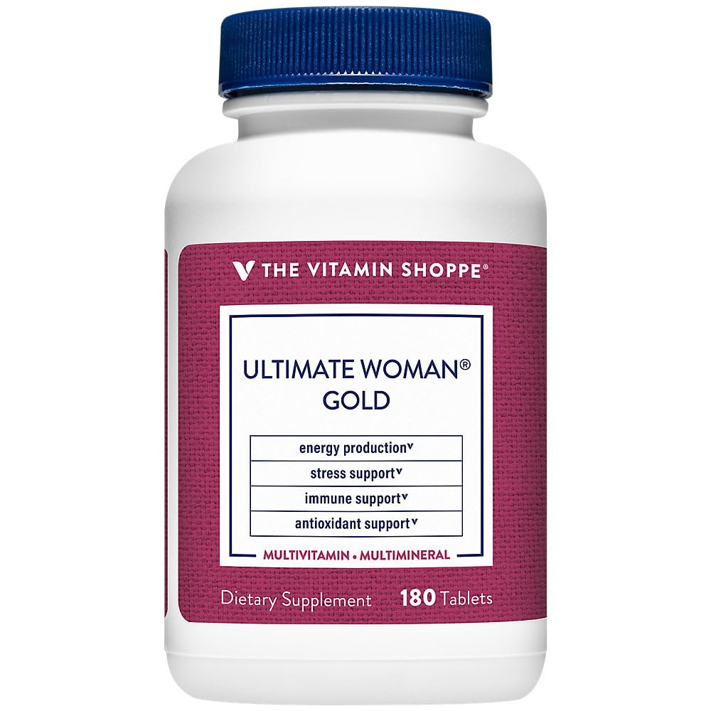 The Vitamin Shoppe Ultimate Womans Gold Multivitamin bottle front supports daily energy and immune wellness.