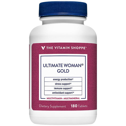 The Vitamin Shoppe Ultimate Womans Gold Multivitamin bottle front supports daily energy and immune wellness.