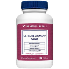 The Vitamin Shoppe Ultimate Womans Gold Multivitamin bottle front supports daily energy and immune wellness.