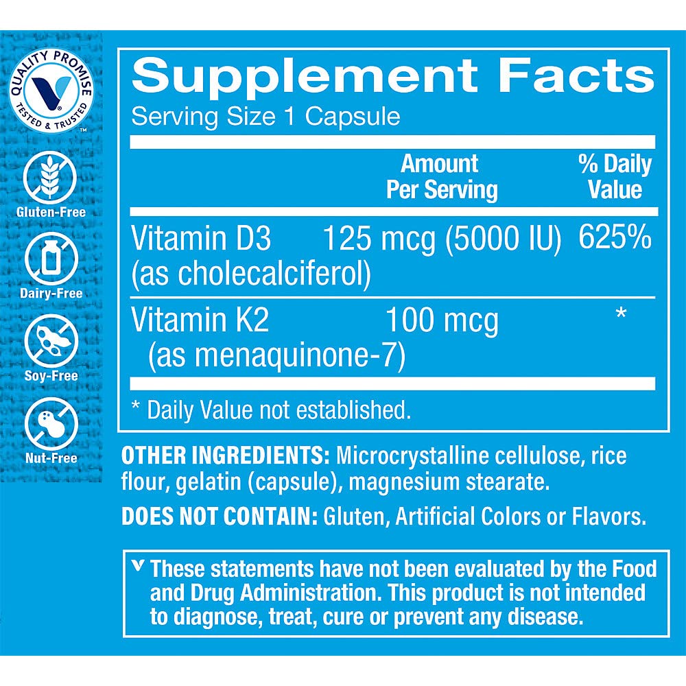 The Vitamin Shoppe Vitamin D3 K2 5000IU capsules for easy daily supplementation