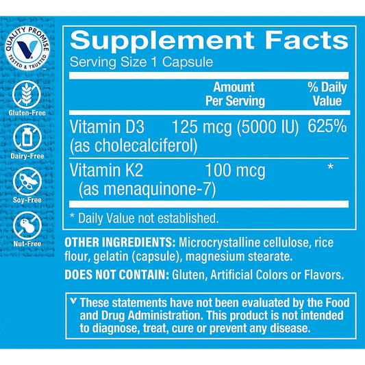 The Vitamin Shoppe Vitamin D3 K2 5000IU capsules for easy daily supplementation
