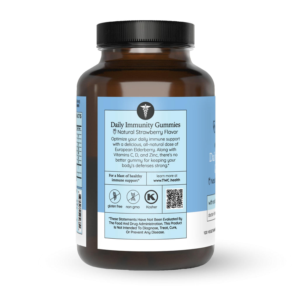 The Wellness Company Daily Immunity Gummies label closeup highlighting elderberry and nutrient blend
