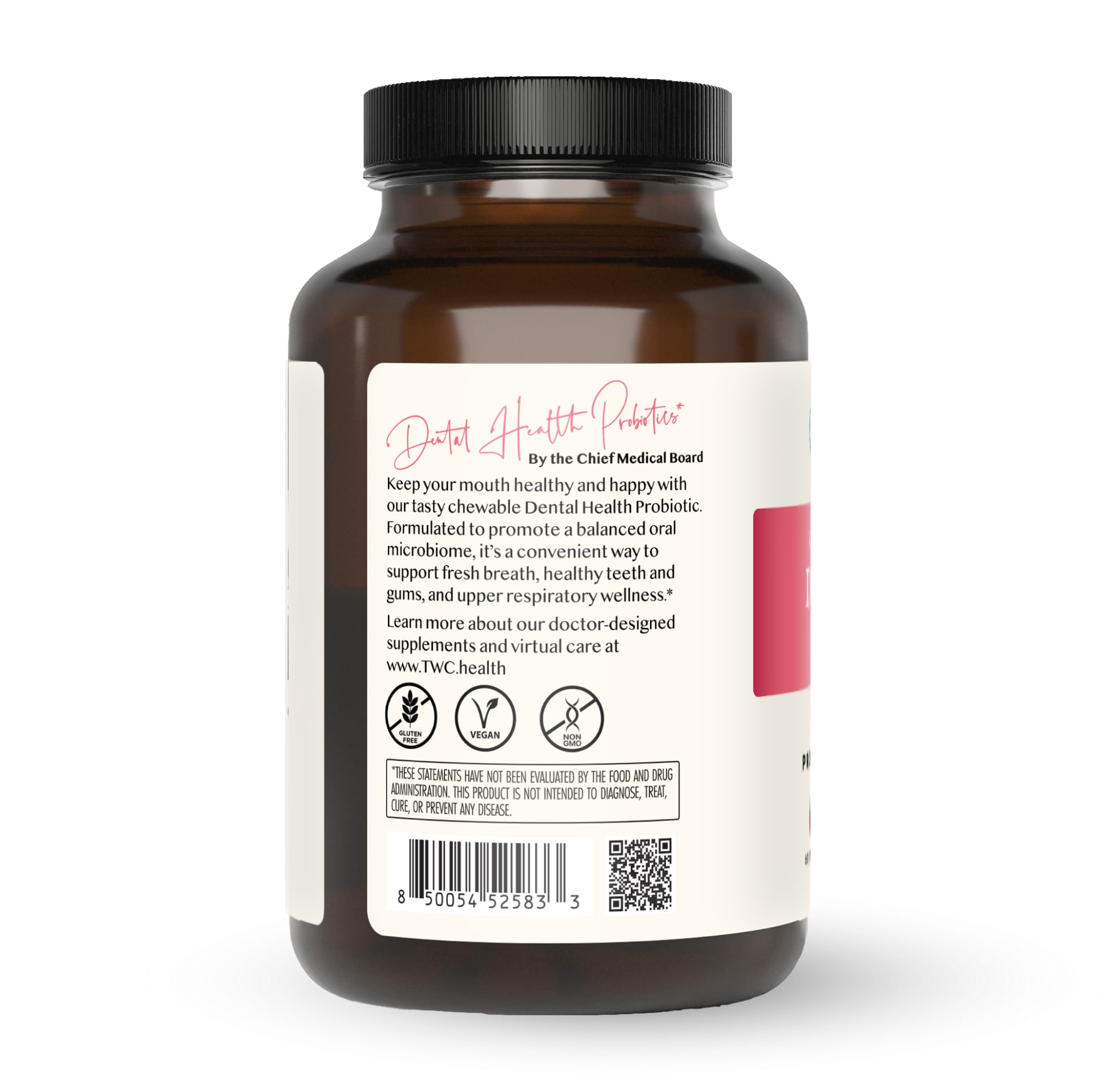 The Wellness Company Dental Health Probiotic bottle closeup highlights gum-friendly nourishment.