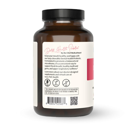 The Wellness Company Dental Health Probiotic bottle closeup highlights gum-friendly nourishment.