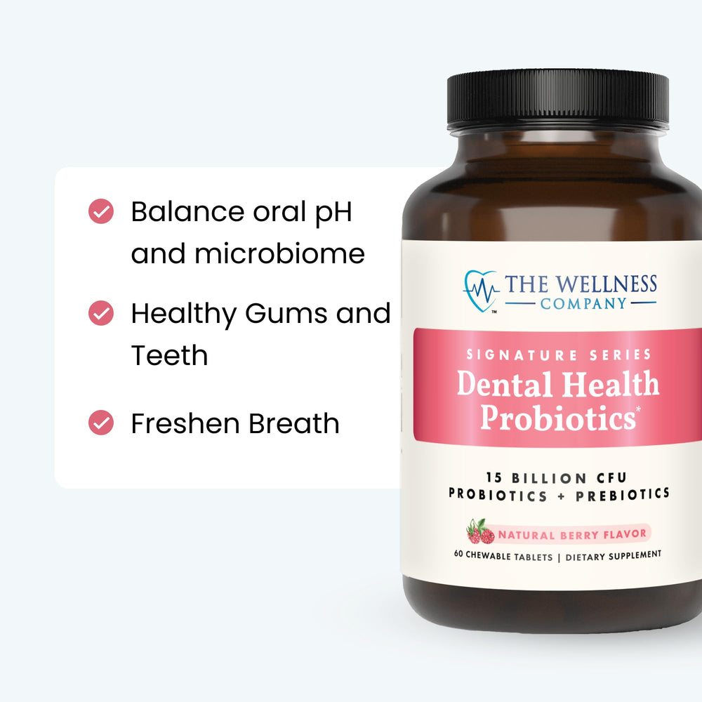 The Wellness Company Dental Health Probiotic xylitol ingredient signals gum-friendly sweetness.