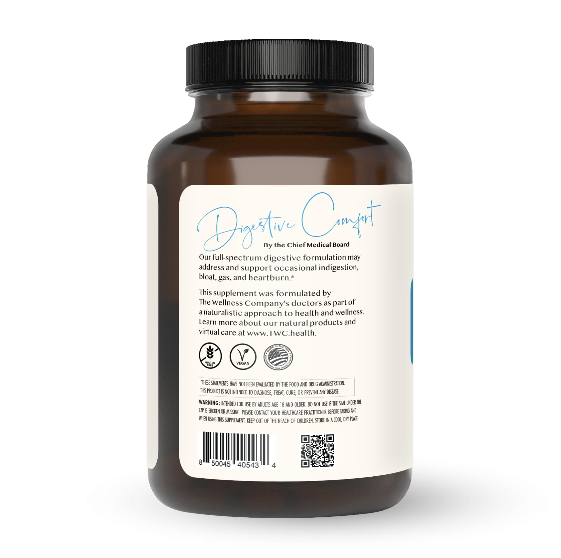 Digestive Comfort bottle label highlights natural enzymes and vegan, gluten-free ingredients