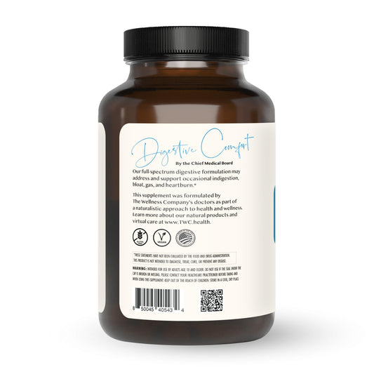 Digestive Comfort bottle label highlights natural enzymes and vegan, gluten-free ingredients