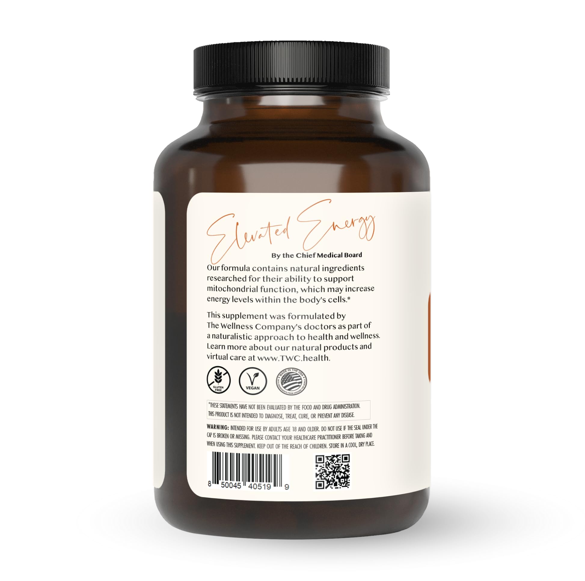 The Wellness Company Elevated Energy capsules pack highlighted for vegan, non-GMO formulation