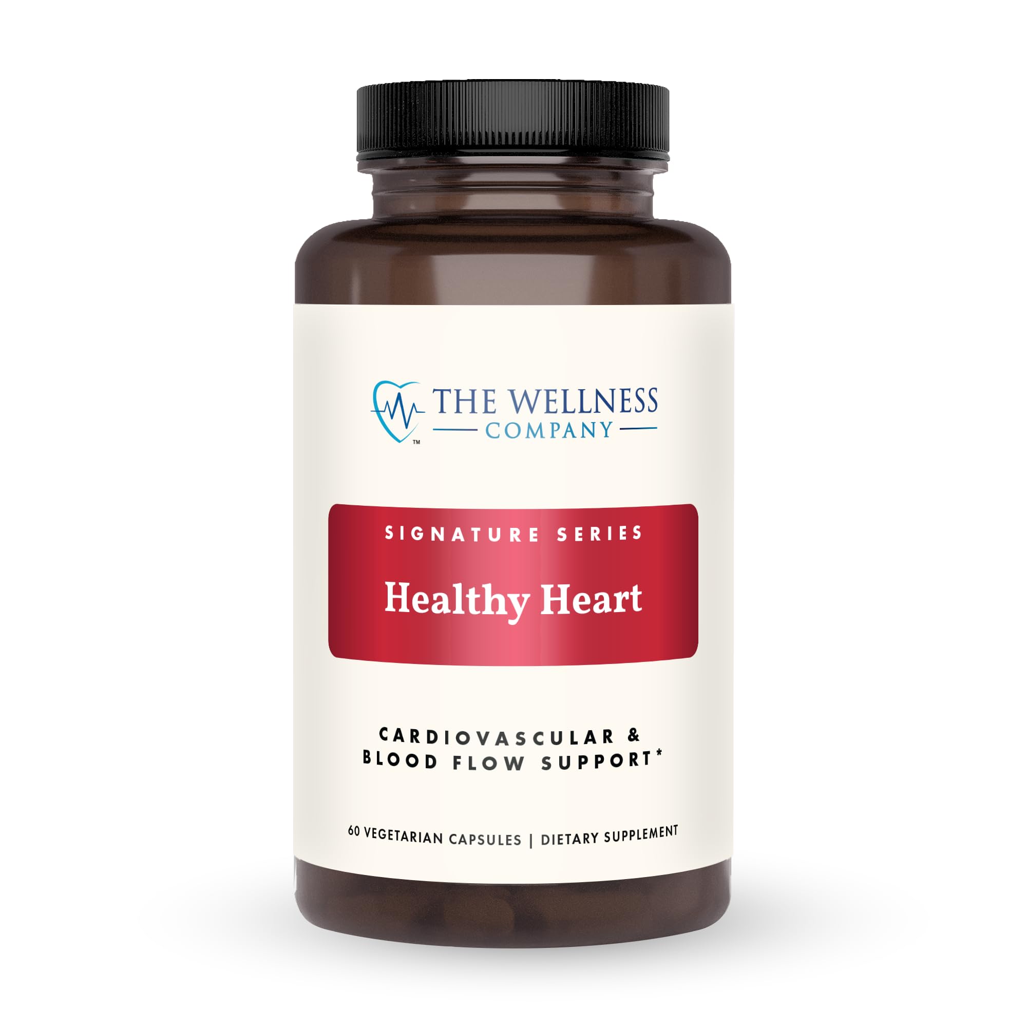 The Wellness Company Healthy Heart bottle label highlights heart-focused design for daily use.