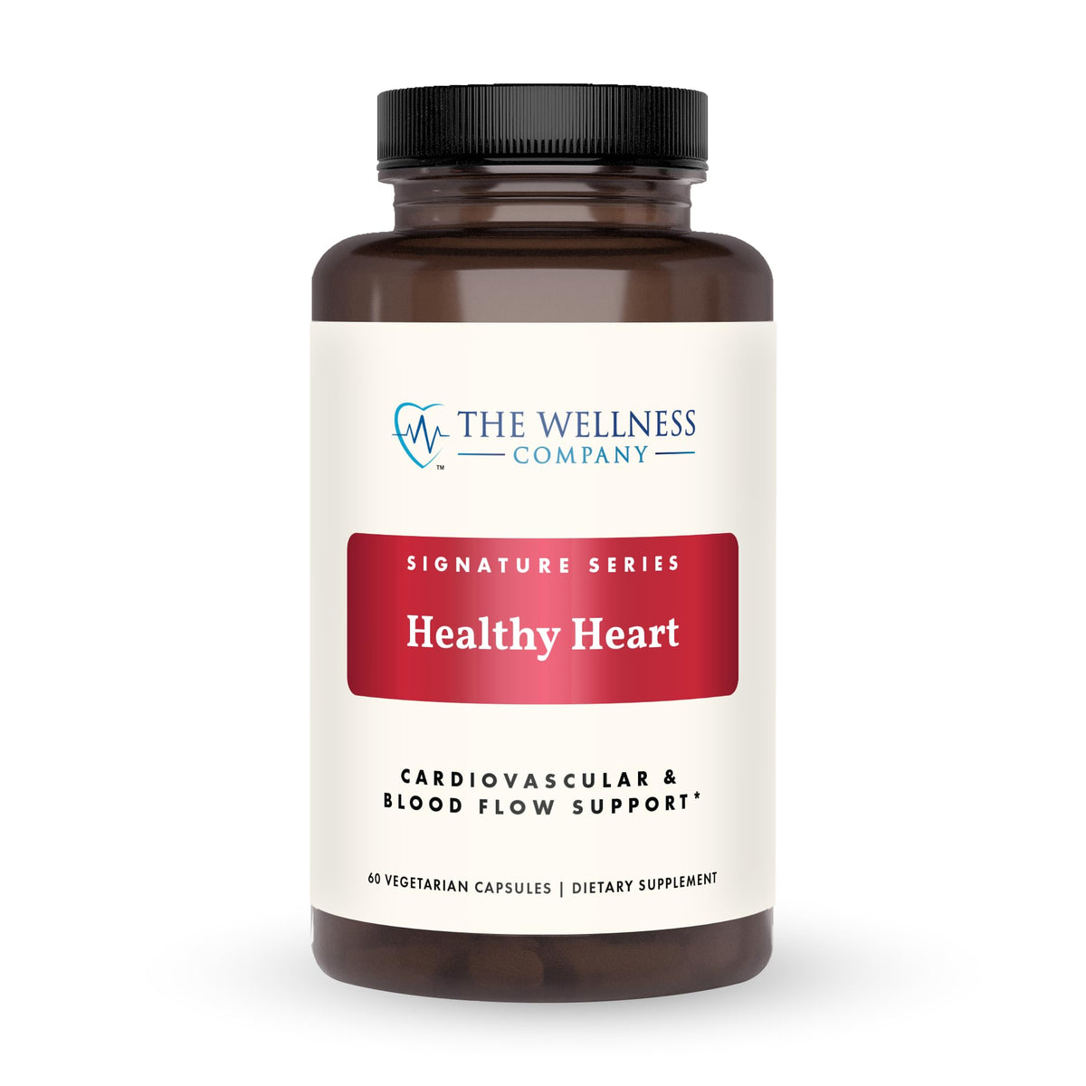 The Wellness Company Healthy Heart bottle label highlights heart-focused design for daily use.