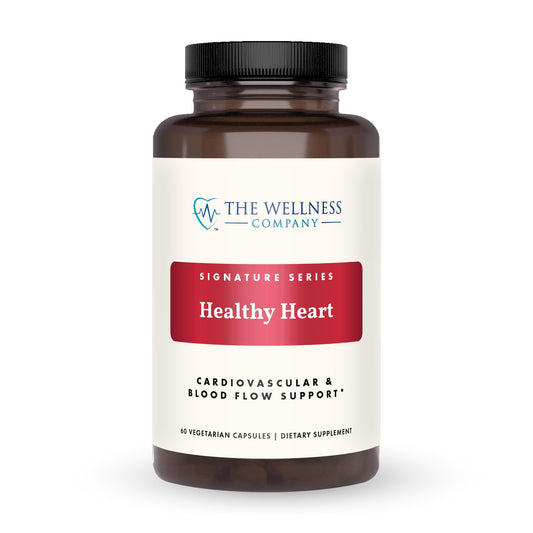 The Wellness Company Healthy Heart bottle label highlights heart-focused design for daily use.