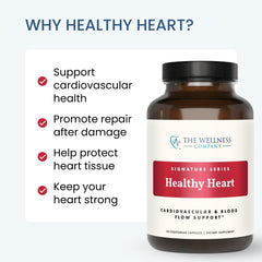The Wellness Company Healthy Heart vegan gluten-free symbols reinforce dietary standards.