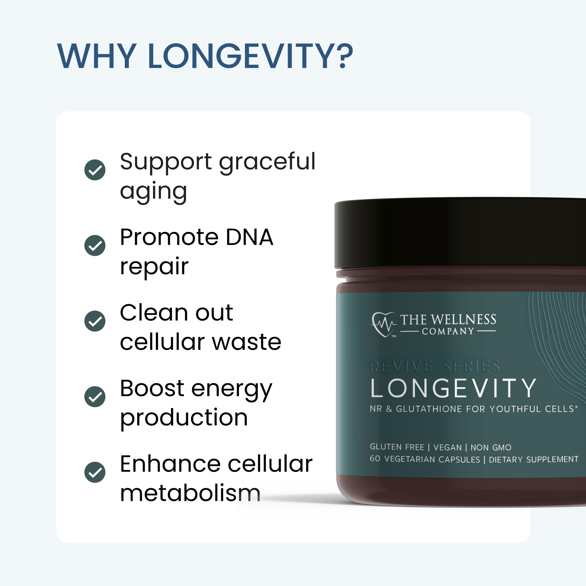 Longevity resveratrol bottle emphasizing antioxidant support for daily use.