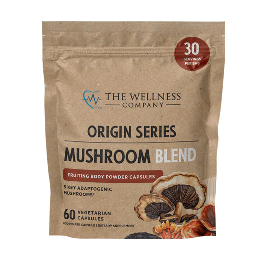 The Wellness Company Mushroom Blend bottle for everyday immune and clarity support.