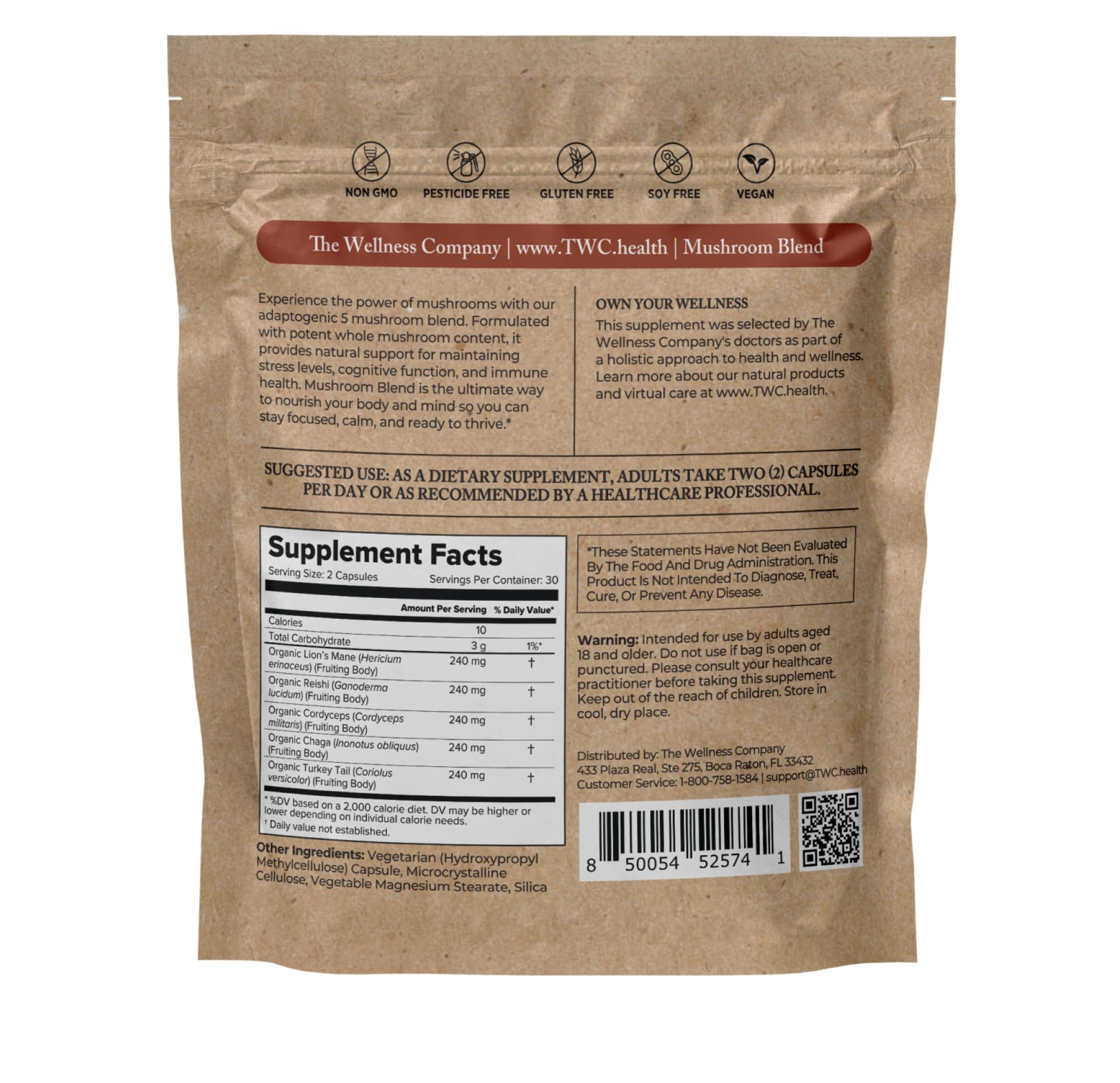 The Wellness Company Mushroom Blend capsules prepared for a simple daily routine.