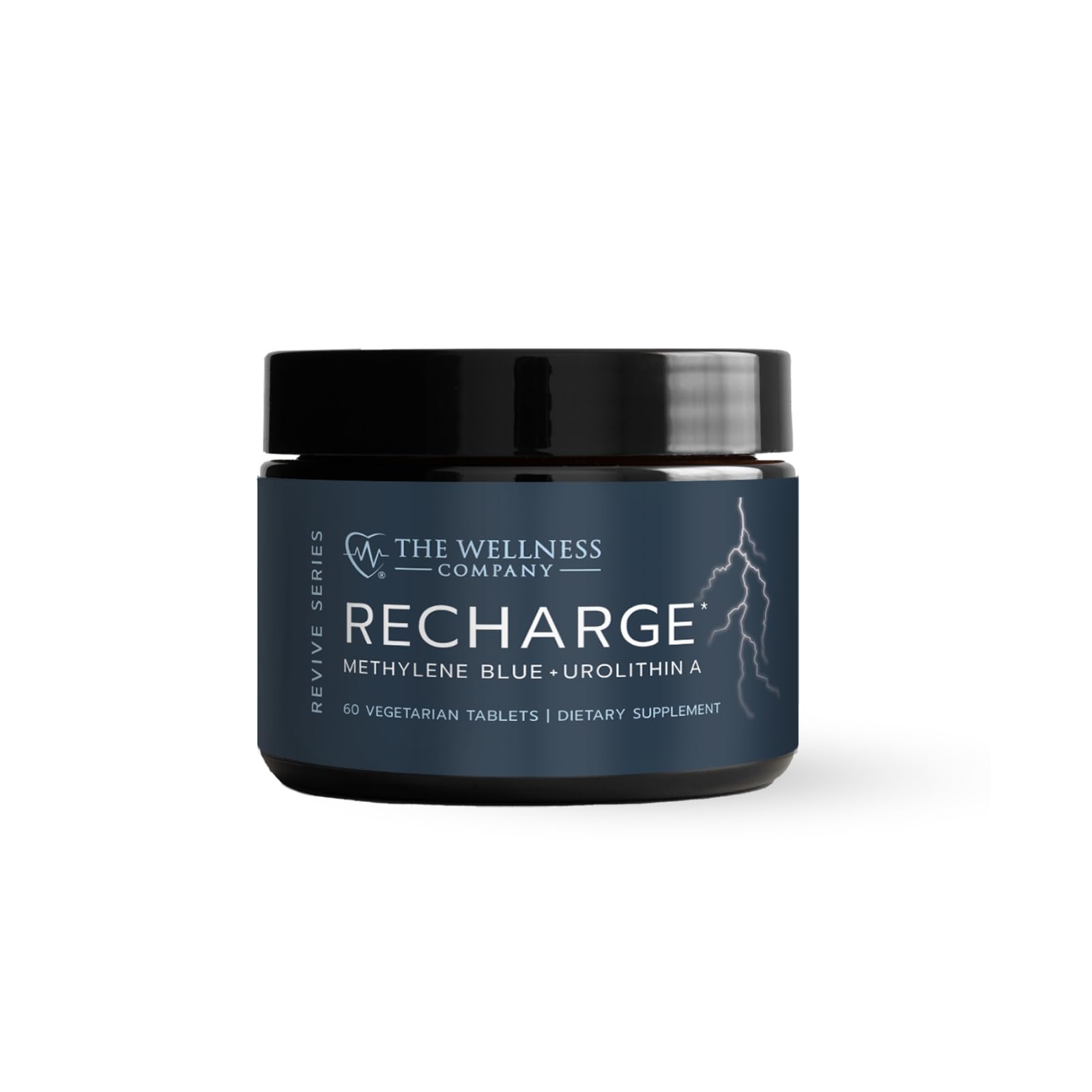 Recharge bottle closeup by The Wellness Company highlighting cognitive support potential