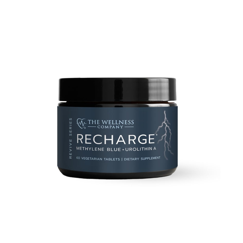 Recharge bottle closeup by The Wellness Company highlighting cognitive support potential