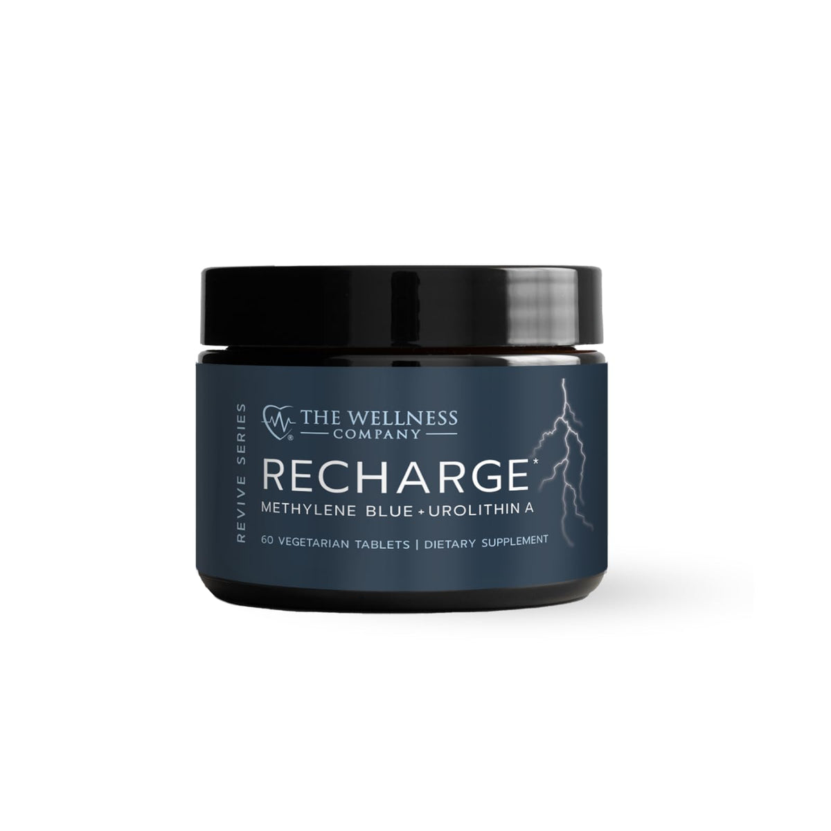 Recharge bottle closeup by The Wellness Company highlighting cognitive support potential