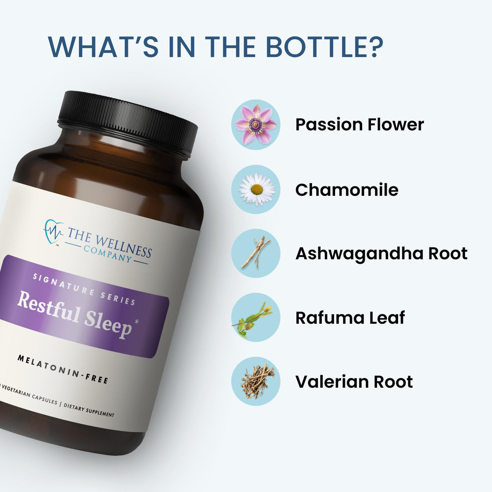 Restful Sleep packaging highlighting vegan and gluten-free formula.