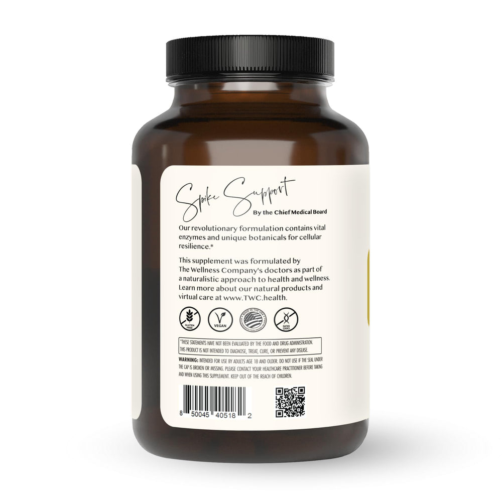The Wellness Company Spike Support bottle, back view, displays ingredients for daily wellness.