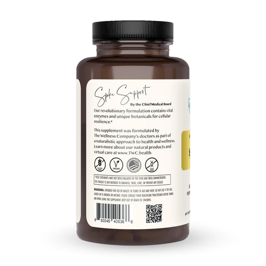 The Wellness Company Spike Support capsules close-up showing daily supplement form