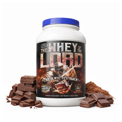 The Whey of The Lord Chocolate Testament bottle close-up, premium protein for recovery.