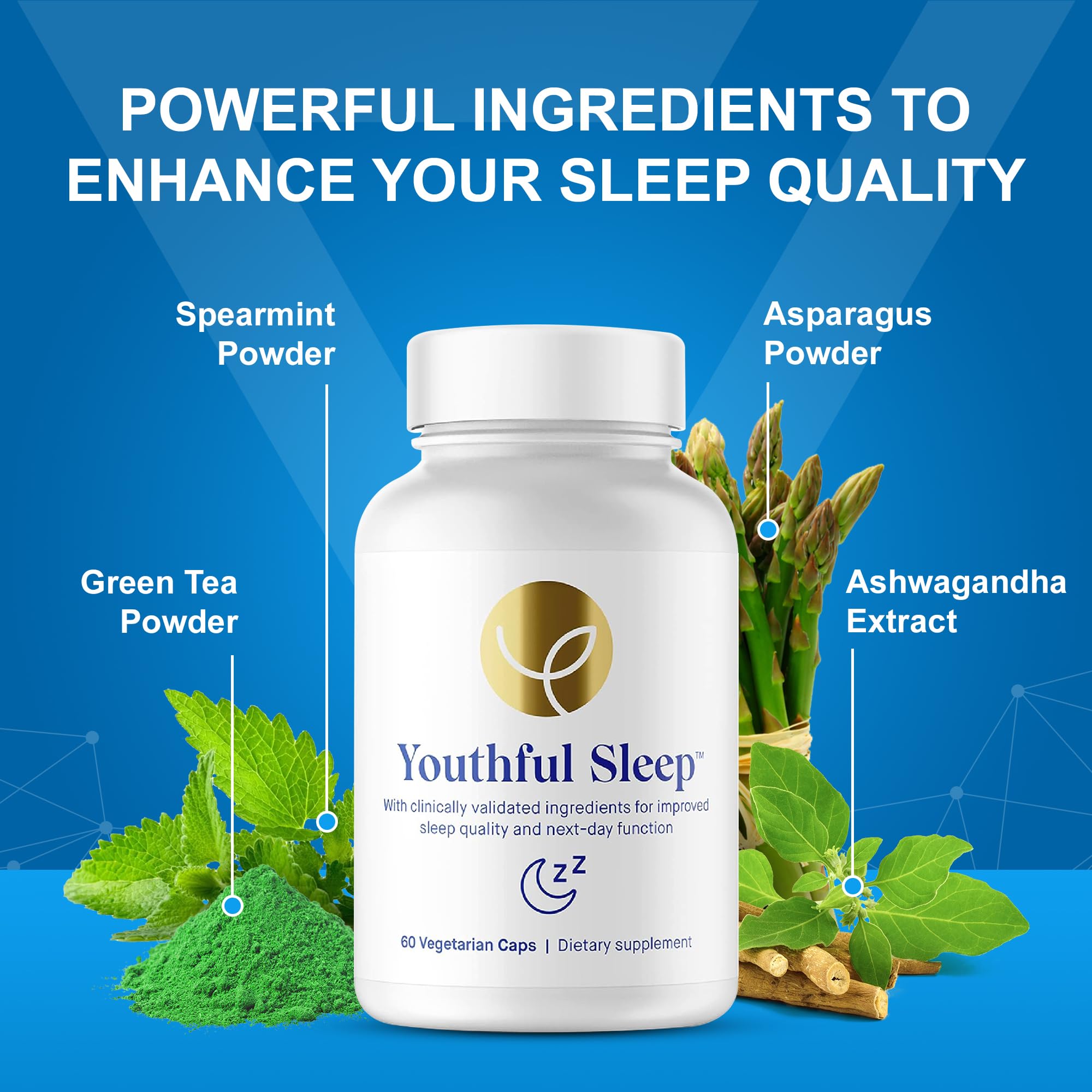 Boxed packaging emphasizes a melatonin-free sleep solution from The Youthful Company.